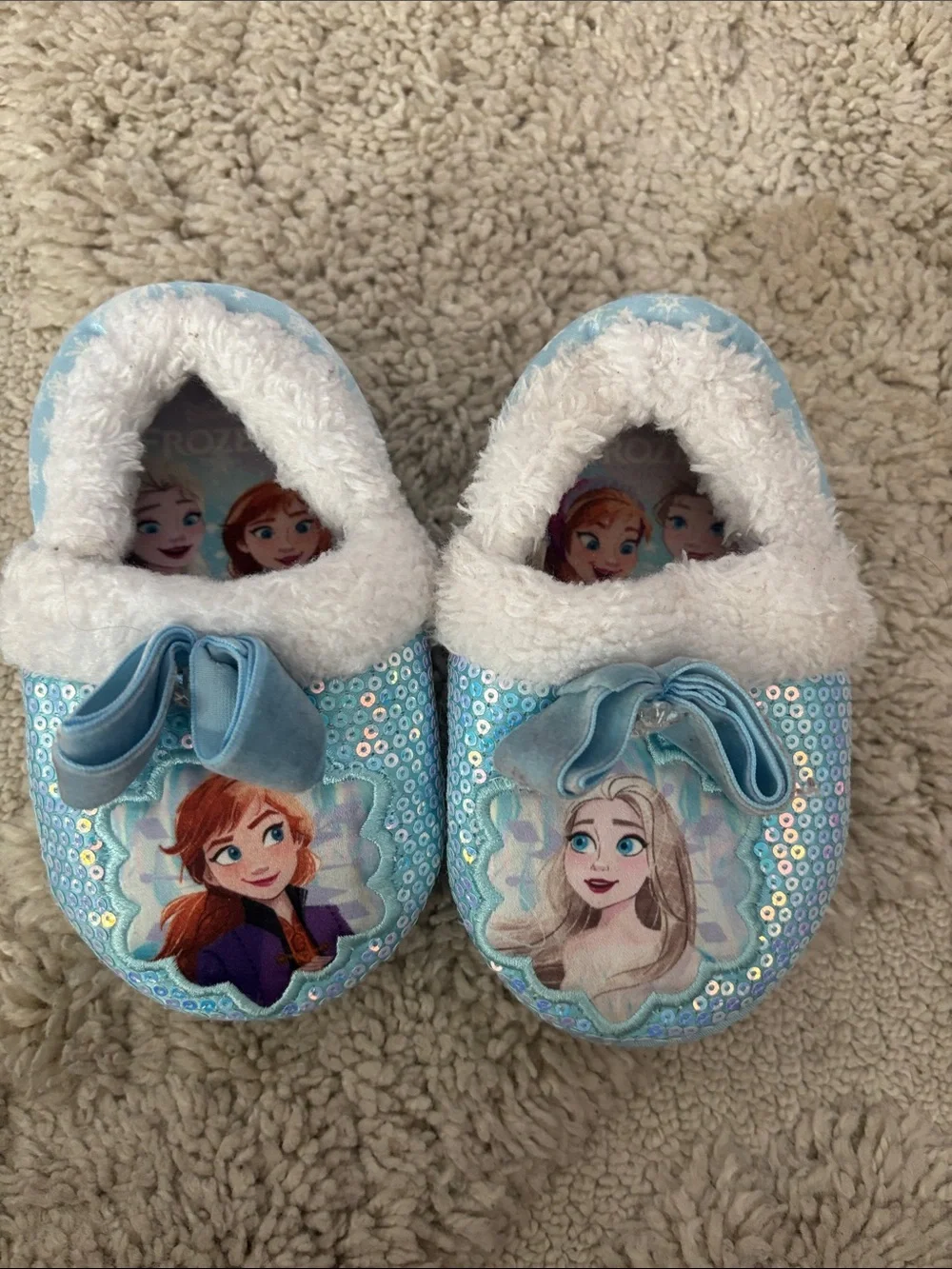 Disney Frozen Light Blue Sequin Kids Slippers with Anna & Elsa - 7/8